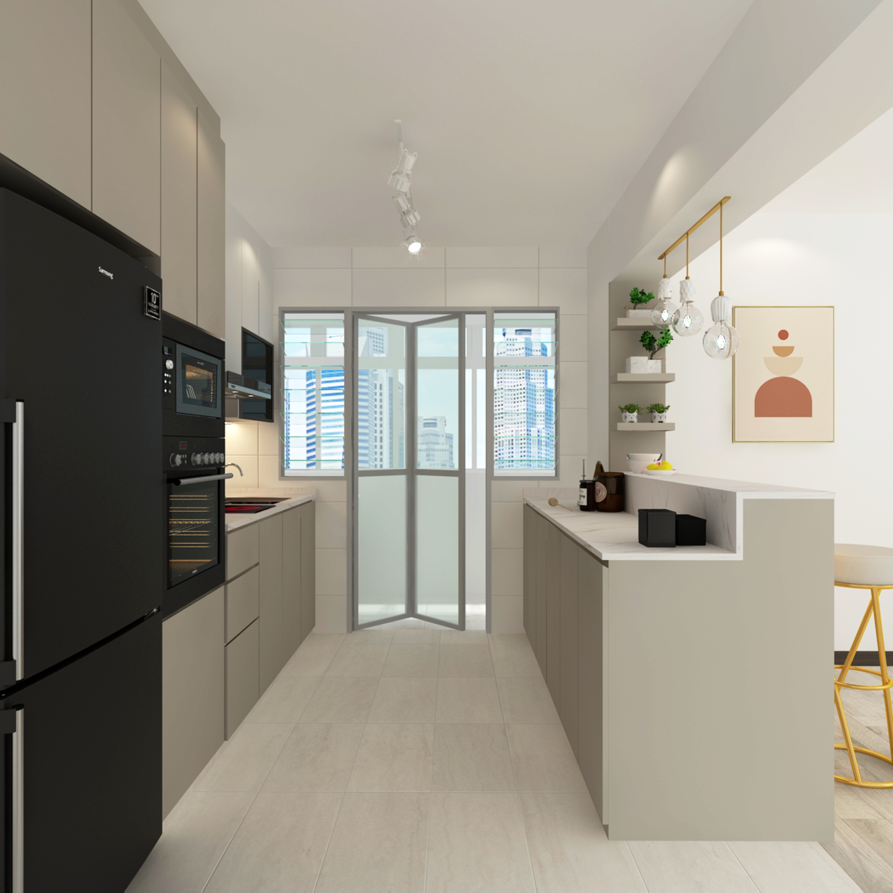 Open-concept HDB kitchen with peninsula counter, built-in oven, and pendant lighting in Sembawang